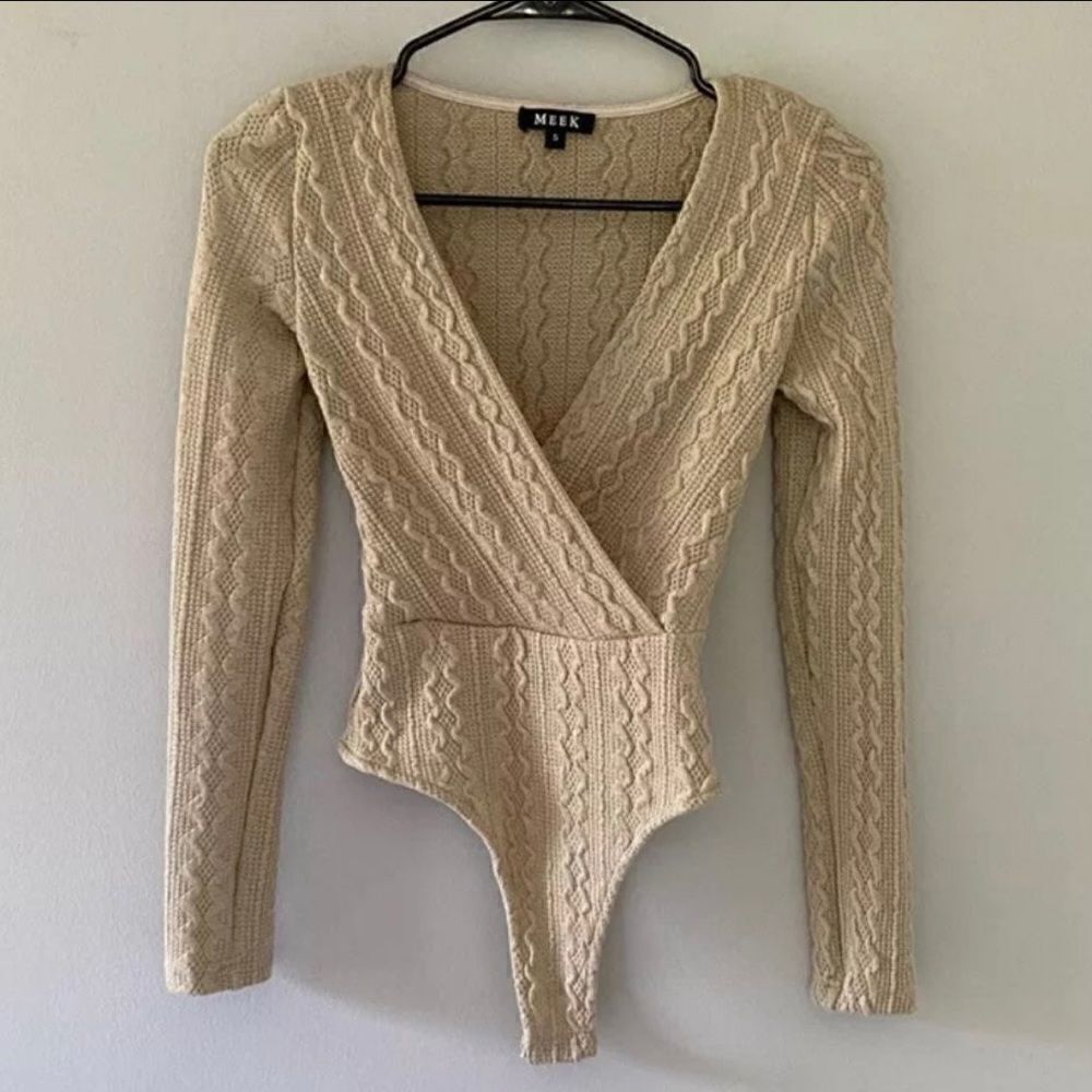 Meek Tan Cable Knit Surplice Bodysuit Size Small